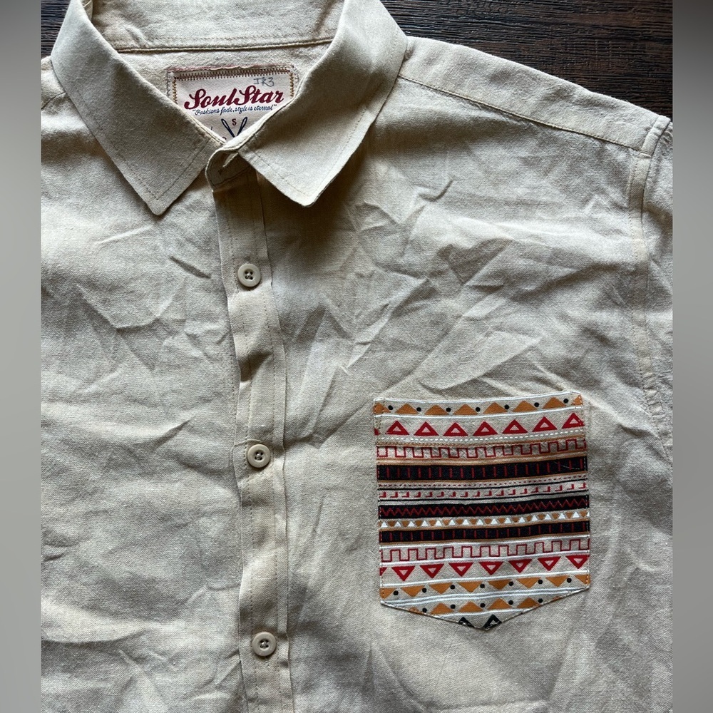 Men's Soulstar Shirt Beige Multicolor Pocket‎ Button-Down XL Aztec Street Tribal
